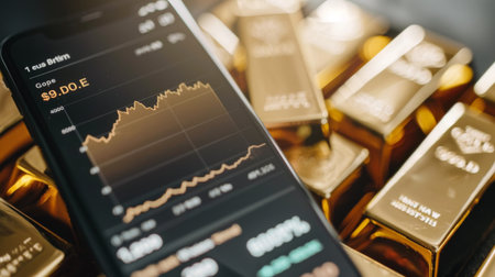 A smartphone screen showing a gold market app with a graph tracking gold prices, held by an investor.の素材