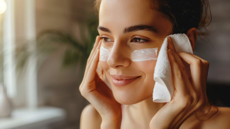 A woman removing makeup using cleansing wipes, highlighting skincare and daily routine.の素材
