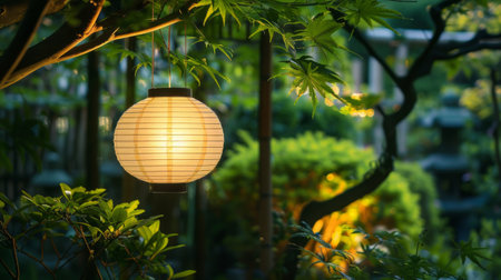 A traditional Japanese paper lantern hanging in a serene garden, softly lighting a peaceful scene.の素材