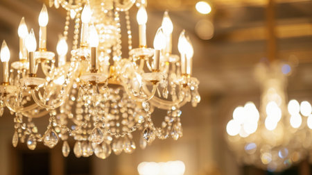 A stylish chandelier hanging in an elegant ballroom, illuminating a formal event with sparkle.の素材