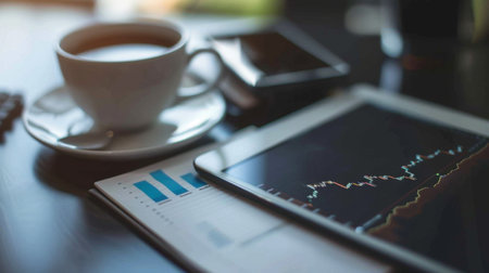 A tablet on a desk with a financial graph showing stock market trends, next to a cup of coffee and notepad.の素材