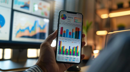 A smartphone screen showing a colorful financial graph, held by a businessperson in an office setting.の素材