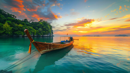 A traditional wooden fishing boat anchored in a serene bay, surrounded by calm ocean waters and a vibrant sunset.の素材