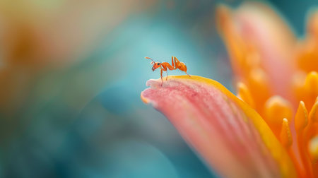 An ant perched on a flower petal, illustrating the contrast between its small size and the vastness of nature.の素材
