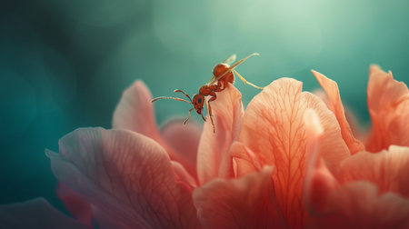 An ant perched on a flower petal, illustrating the contrast between its small size and the vastness of nature.の素材