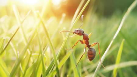 An ant climbing up a blade of grass, emphasizing its agility and persistence.の素材