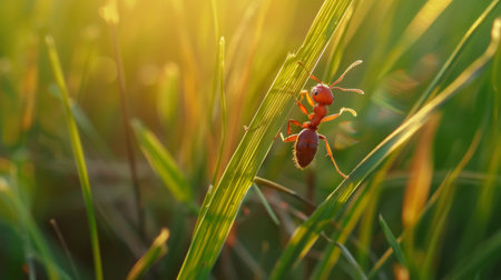 An ant climbing up a blade of grass, emphasizing its agility and persistence.の素材