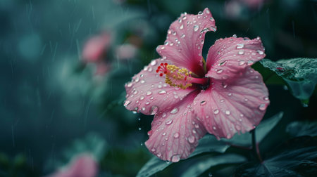 Raindrops clinging to delicate petals of a blooming flower, highlighting nature's beauty in a rainy day setting.の素材