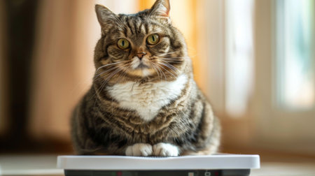 An obese cat sitting proudly on a scale, looking up at its owner with a knowing glanceの素材