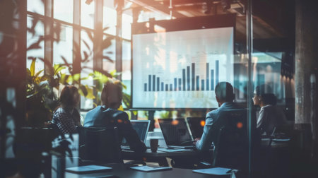 Business professionals discussing a financial graph on a projector screen in a modern conference roomの素材