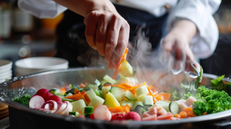 A chef adding fresh vegetables to a boiling shabu-shabu pot, creating a healthy and appetizing meal presentation.の素材