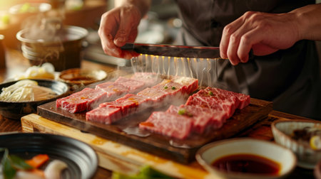 A chef preparing a traditional Japanese shabu-shabu dish, arranging premium cuts of beef and dipping sauces on a wooden tray.の素材