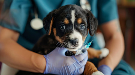 A close-up of a veterinarian administering a vaccination to a puppy with care and expertise.の素材
