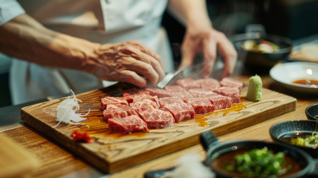 A chef preparing a traditional Japanese shabu-shabu dish, arranging premium cuts of beef and dipping sauces on a wooden tray.の素材