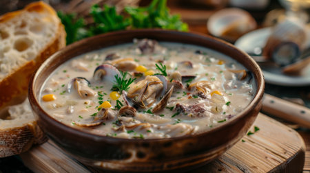 A hearty bowl of clam chowder soup served with crusty bread, a popular dish from New England cuisine.の素材