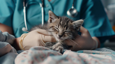 A compassionate vet comforting a scared kitten during a medical examination on a cozy examination table.の素材