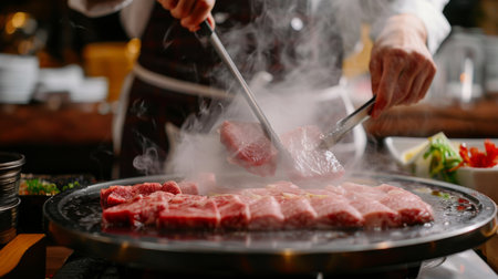 A chef preparing a shabu-shabu dish in a traditional Japanese kitchen, with precise cuts of beef and elegant presentation.の素材