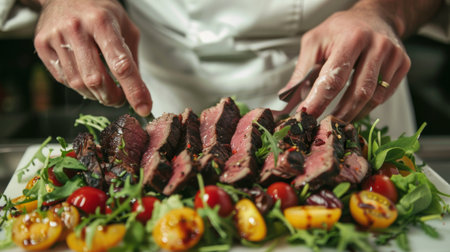 A chef preparing a gourmet steak salad with mixed greens, cherry tomatoes, and slices of grilled sirloin steak.の素材