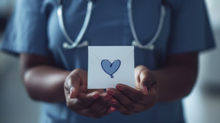 A close-up of a nurse's hands holding a thank-you note from a patient on International Nurses Day.の素材