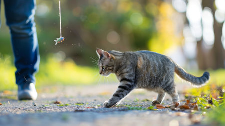A cat stretching to catch a toy fish attached to a string, engaging in interactive play with its owner.の素材