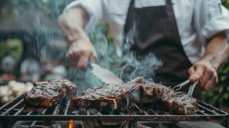 A chef grilling marinated T-bone steaks on an outdoor barbecue, with smoke rising and enticing aromas filling the air.の素材