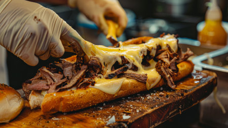 A chef preparing a traditional Philly cheesesteak sandwich with thinly sliced steak and melted cheese on a hoagie roll.の素材