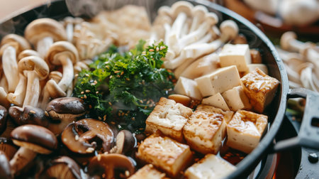 A close-up of assorted mushrooms and tofu slices being added to a shabu-shabu pot for a vegetarian-friendly meal option.の素材