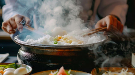 A chef serving a bowl of steaming rice alongside a shabu-shabu meal, offering a complete dining experience.の素材