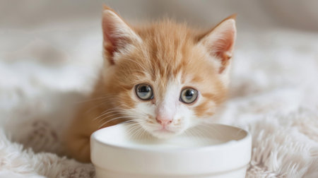 A ginger kitten peeking into a bowl of milk, getting ready to indulge in a creamy treat.の素材