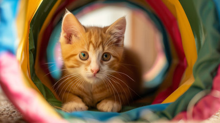 A ginger kitten exploring a colorful tunnel toy, peeking out with curiosity and playful energy.の素材