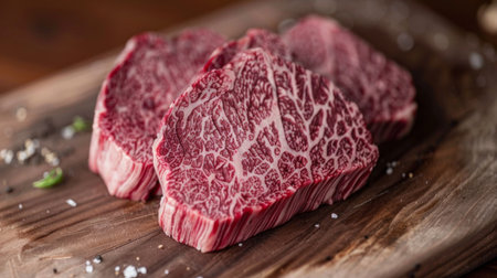 A close-up of a wagyu beef steak on a wooden cutting board, highlighting its marbling and premium quality.の素材