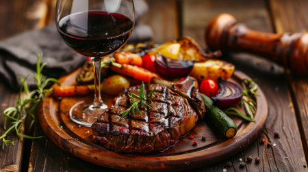 A juicy grilled ribeye steak served with roasted vegetables and a glass of red wine on a rustic wooden table.の素材