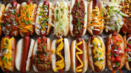 A colorful array of gourmet hot dogs with creative toppings like chili, cheese, and onions, representing American street food.の素材
