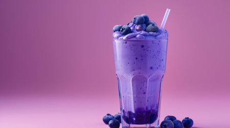 A glass of refreshing blueberry and yogurt smoothie with blueberries floating on top, served with a straw.の素材