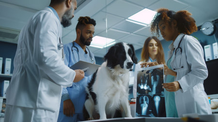 A group of diverse veterinarians discussing an X-ray scan of a dog's leg in a modern veterinary hospital.の素材