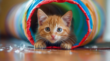 A ginger kitten exploring a colorful tunnel toy, peeking out with curiosity and playful energy.の素材