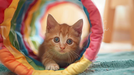 A ginger kitten exploring a colorful tunnel toy, peeking out with curiosity and playful energy.の素材