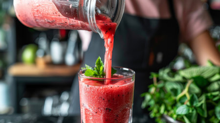 A person pouring a refreshing watermelon smoothie into a glass, showcasing the vibrant color and fresh ingredients.の素材