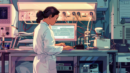 A nurse preparing medical equipment for a patient's examination in a specialized medical unit.の素材