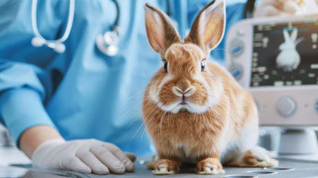 A skilled veterinarian performing an ultrasound examination on a pregnant rabbit in a specialized veterinary clinic.の素材