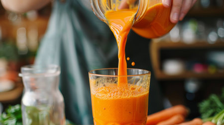 A person pouring a vibrant orange carrot and ginger smoothie into a glass, showcasing fresh ingredients and health benefits.の素材