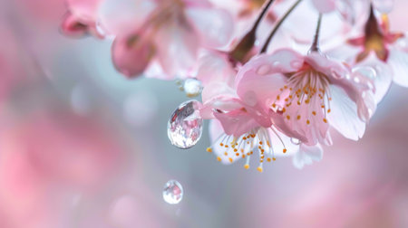 A single raindrop suspended on the delicate petals of a pale pink cherry blossom tree in bloom.の素材
