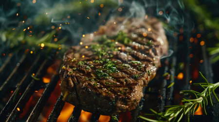 A sizzling hot steak on a grill, searing with grill marks and surrounded by herbs and spices for a flavorful presentation.の素材