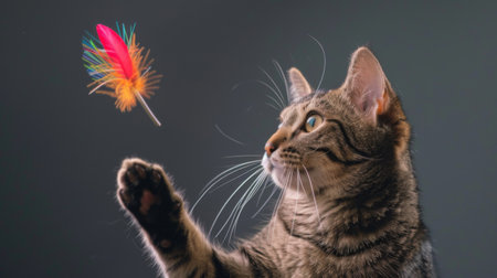A playful cat batting at a colorful feather toy, mid-air, with a look of intense focus and curiosity.の素材