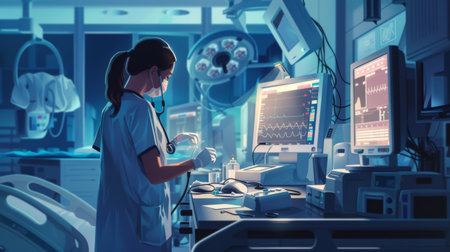 A nurse preparing medical equipment for a patient's examination in a specialized medical unit.の素材