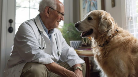 A veterinary professional conducting a house call to examine a senior dog in the comfort of its own home environment.の素材
