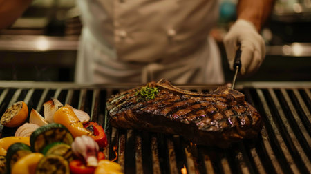 A steakhouse chef preparing a grilled porterhouse steak with charred edges, served with grilled vegetables.の素材