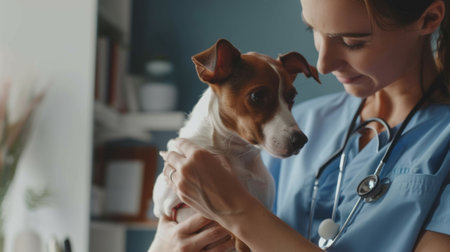 An experienced vet comforting a nervous pet owner while holding a small dog during a consultation.の素材