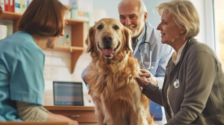 A veterinarian consulting with an elderly couple about the health of their aging golden retriever in a warm clinic room.の素材