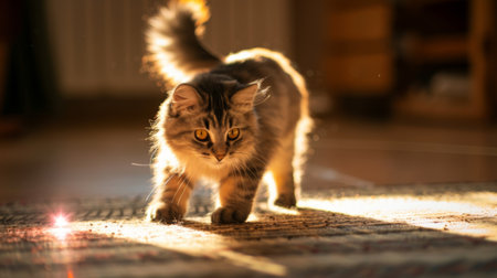 Close-up of a fluffy cat chasing a laser pointer beam, with its tail in the air and eyes fixed on the target.の素材